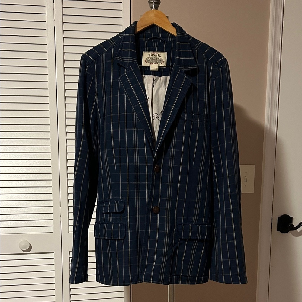 Fossil Plaid Navy Checkered Men's Blazer size L cotton
